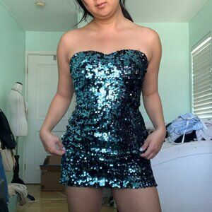 Vintage Women's Turquoise Indie Sleaze Sequin Bandeau Bodycon Mini Dress